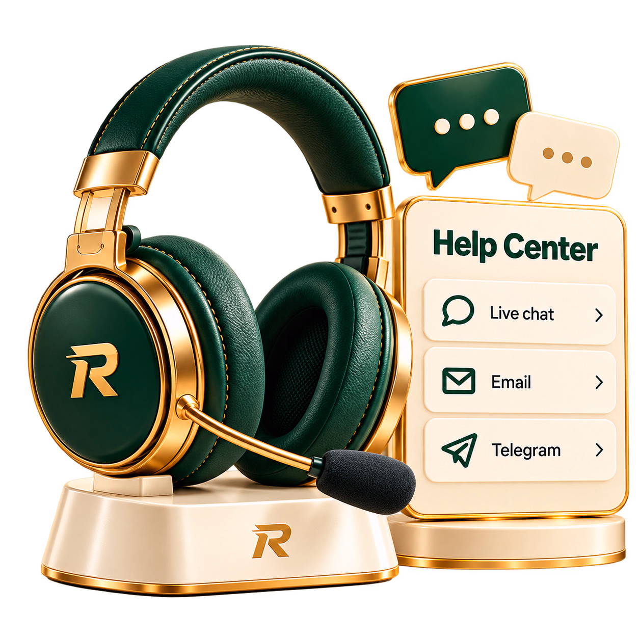 Rajabets customer support headset on stand with Help Center screen showing live chat, email, and telegram options